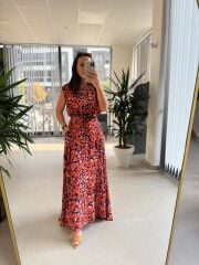 Cr 1040 Turuncu Çiçekli Viskon Elbise