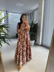 Cr 1020 Pamuk Gabardin V Yaka Renkli Maksiboy Elbise