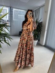 Cr 1020 Pamuk Gabardin V Yaka Renkli Maksiboy Elbise