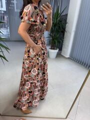 Cr 1020 Pamuk Gabardin V Yaka Renkli Maksiboy Elbise