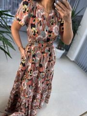 Cr 1020 Pamuk Gabardin V Yaka Renkli Maksiboy Elbise