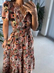 Cr 1020 Pamuk Gabardin V Yaka Renkli Maksiboy Elbise