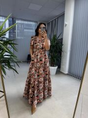 Cr 1020 Pamuk Gabardin V Yaka Renkli Maksiboy Elbise