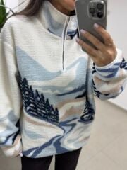 Mz 22809 Ekru Mavi Çam Detaylı Polar