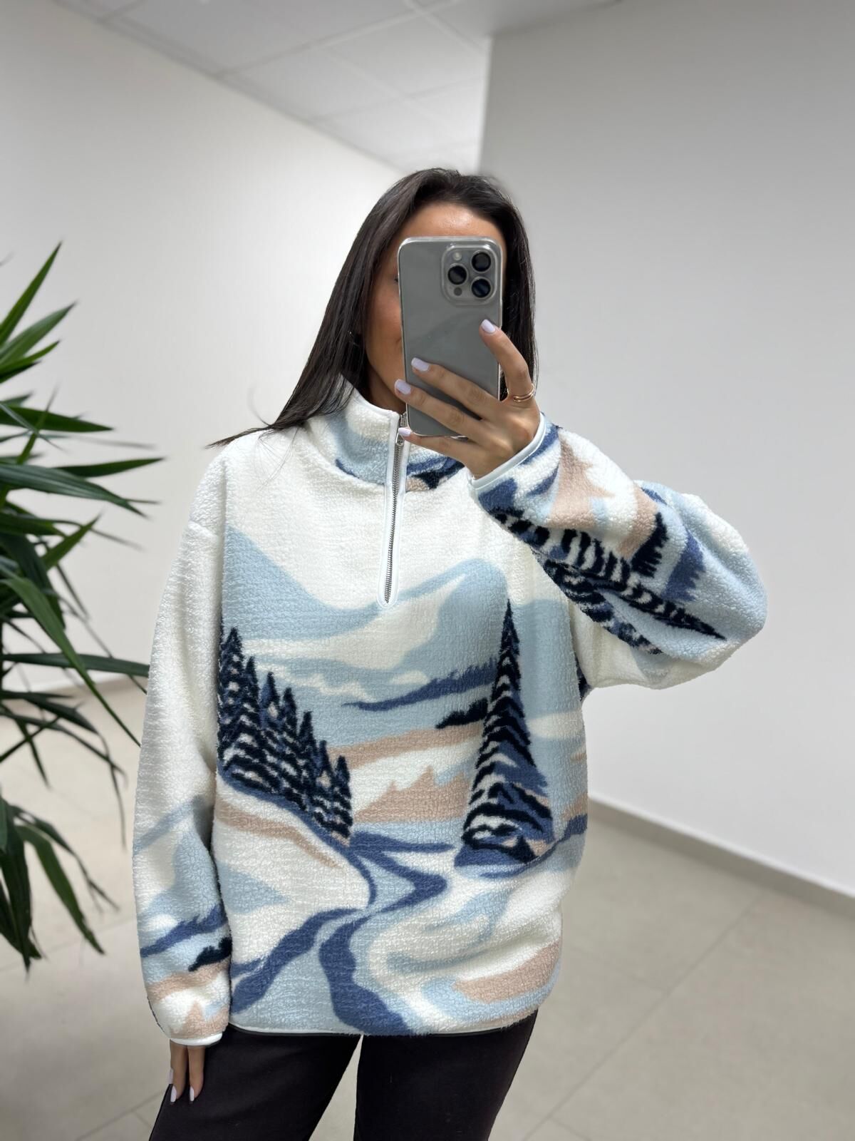 Mz 22809 Ekru Mavi Çam Detaylı Polar