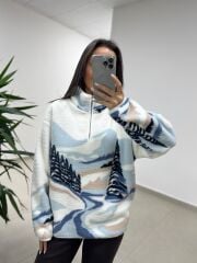 Mz 22809 Ekru Mavi Çam Detaylı Polar