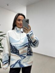 Mz 22809 Ekru Mavi Çam Detaylı Polar