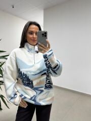 Mz 22809 Ekru Mavi Çam Detaylı Polar