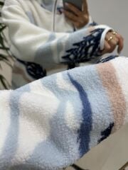 Mz 22809 Ekru Mavi Çam Detaylı Polar