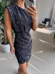 My 3794 Omuz Pile Detaylı Siyah Taşlı Elbise