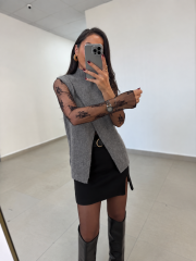 Po 2825 Asimetrik Kesim Triko Süveter & Dantel Bluz İkili Gri Takım