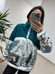 Mz 22788 Ekru Petrol Curchevel Detaylı Polar