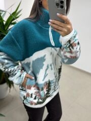 Mz 22788 Ekru Petrol Curchevel Detaylı Polar