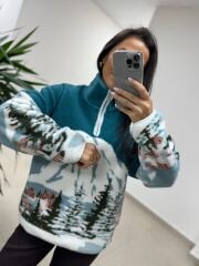 Mz 22788 Ekru Petrol Curchevel Detaylı Polar