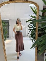 My 3930 Krem-Kahve Kombin Görünümlü Kemerli Elbise