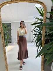 My 3930 Krem-Kahve Kombin Görünümlü Kemerli Elbise