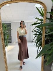 My 3930 Krem-Kahve Kombin Görünümlü Kemerli Elbise