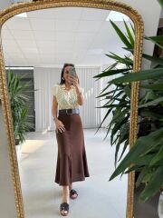 My 3930 Krem-Kahve Kombin Görünümlü Kemerli Elbise