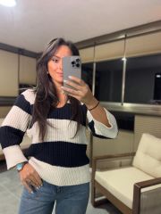 Örme Siyah Çizgili V Yaka Kazak