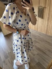 My Mavi Puanlı Keten Tasarım Elbise