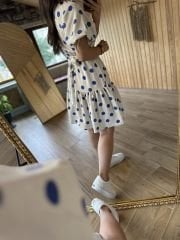 My Mavi Puanlı Keten Tasarım Elbise