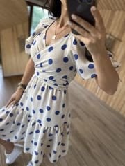 My Mavi Puanlı Keten Tasarım Elbise