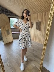 My Mavi Puanlı Keten Tasarım Elbise