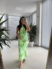 Bb 28866 Yeşil Batik Omuz Vatkalı Elbise