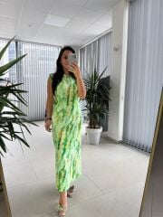 Bb 28866 Yeşil Batik Omuz Vatkalı Elbise