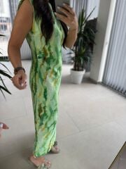 Bb 28866 Yeşil Batik Omuz Vatkalı Elbise
