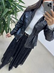 Mz 22767 Flok Parçalı Siyah Etek