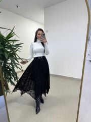 Mz 22767 Flok Parçalı Siyah Etek