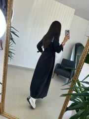 Dr 8079 Bel Büzgülü Denim Detaylı Elbise