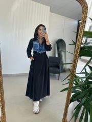 Dr 8079 Bel Büzgülü Denim Detaylı Elbise