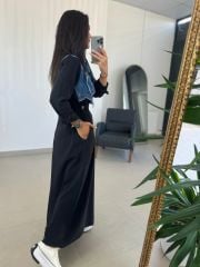 Dr 8079 Bel Büzgülü Denim Detaylı Elbise