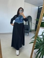 Dr 8079 Bel Büzgülü Denim Detaylı Elbise
