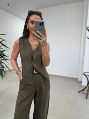 Km 29415 Yelekli Keten Haki Takım