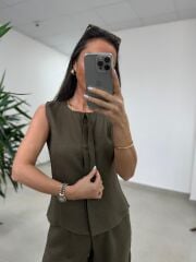 Km 29415 Yelekli Keten Haki Takım