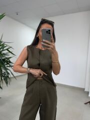 Km 29415 Yelekli Keten Haki Takım