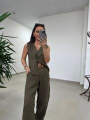 Km 29415 Yelekli Keten Haki Takım