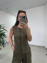 Km 29415 Yelekli Keten Haki Takım