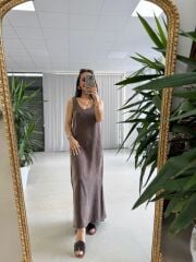 Fp 3304 Premium Kolsuz Kahve Liyosel Elbise