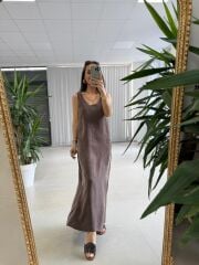 Fp 3304 Premium Kolsuz Kahve Liyosel Elbise