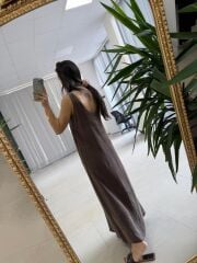 Fp 3304 Premium Kolsuz Kahve Liyosel Elbise