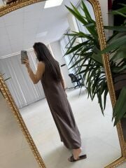 Fp 3304 Premium Kolsuz Kahve Liyosel Elbise