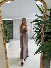 Fp 3304 Premium Kolsuz Kahve Liyosel Elbise