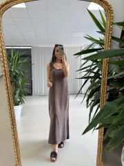 Fp 3304 Premium Kolsuz Kahve Liyosel Elbise