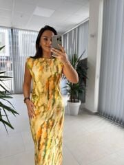 Bb 28866 Sarı Batik Omuz Vatkalı Elbise