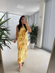 Bb 28866 Sarı Batik Omuz Vatkalı Elbise