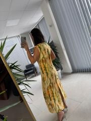 Bb 28866 Sarı Batik Omuz Vatkalı Elbise